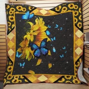 Blue Butterfly Sunflower Quilt Blanket Great Customized Gifts For Birthday Christmas Thanksgiving Perfect Gifts For Sunflower Lover