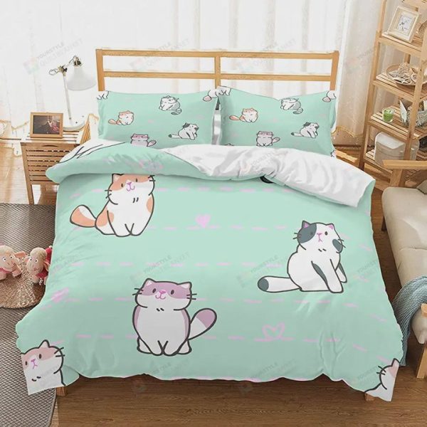 3D Kids Cats Bedding Cartoon Cats Bedspread Printed Green Duvet Cover Set